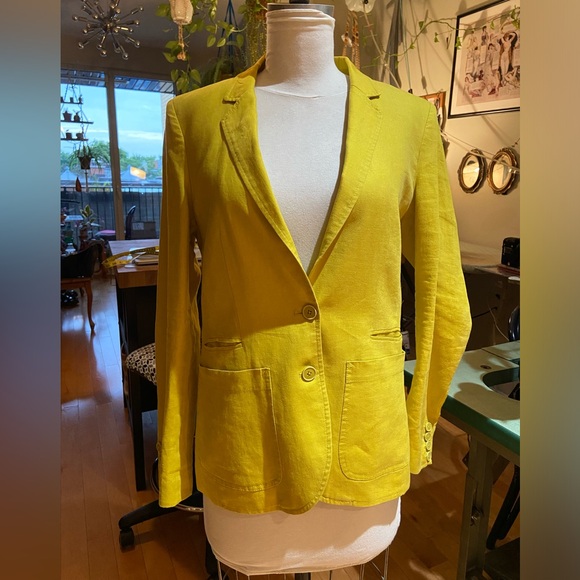 Linen blazer in bright yellow multiple pockets - Picture 1 of 11